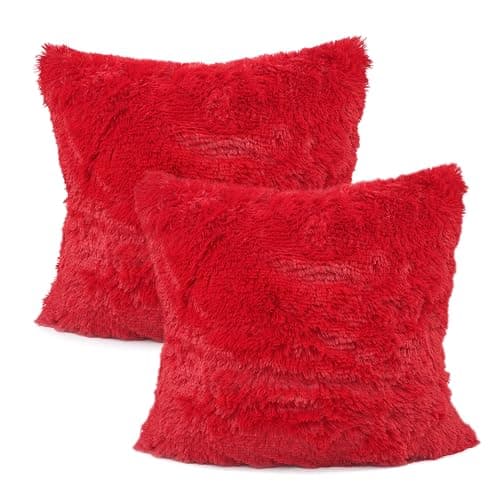 YOUR SMILE Pack of 2, Christmas Decorative New Luxury Series Merino Style Faux Fur Throw Pillow Case Cushion Cover 18" x 18"(Red) - Red - Image 1