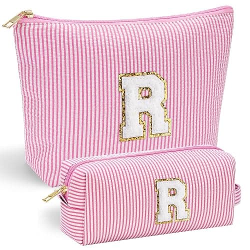YOOLIFE Initial Makeup Bag for Girls, Travel Cosmetic Bag with Small Makeup Brush Bag Cute Makeup Bag Toiletry Travel Bag Personalized Wife Friend Gifts Makeup Birthday Gifts for Women Her Pink R - Image 1