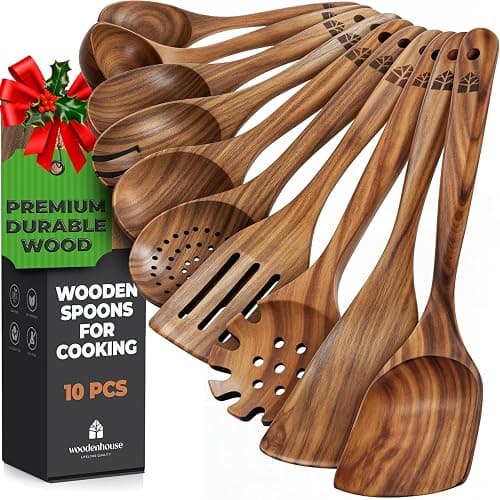 Wooden Spoons for Cooking, Kitchen Utensil Set, 10 Pcs Cooking Utensils Set for Nonstick Pans & Cookware – Study Teak Wood, Lightweight & Heat Resistant - Image 1