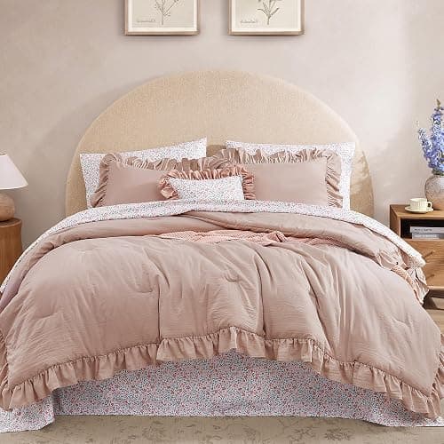 BLOOMHAVEN Full Comforter Set - 7 Pieces Ruffle Pink Bedding Sets, Shabby Chic Farmhouse Bed in a Bag Full with Ruffle Comforter, Floral Sheets, Pillowcases & Shams - Image 1