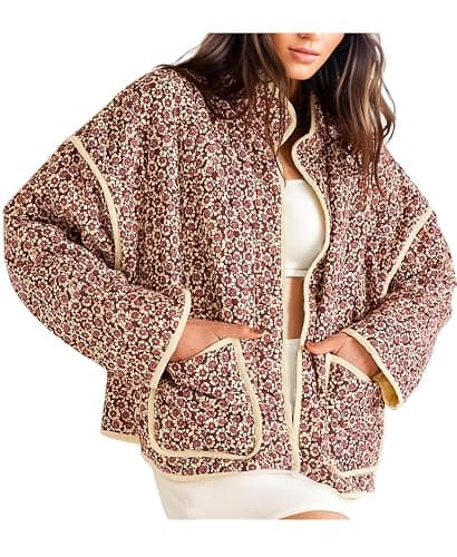 VAOYIU Women's Cropped Puffer Jacket Vintage Cardigan Floral Printed Lightweight Open Front Padded Quilted Coats - Image 1