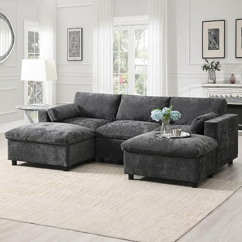 Merax 86.5" Sectional Sofa with Storage Pockets & Removable Ottomans, 5 Seat U Shaped Sleeper Cloud Couch Set, Convertible L-Shaped Chenille Upholstered SofaBed for Living Room and Apartment, Black - Image 1