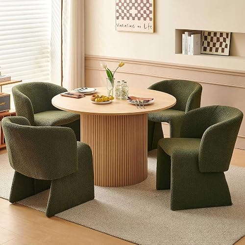 NORDICANA 5-Piece Round Dining Table Set for 4, Rustic 47-Inch Kitchen Table and Chair Set, Dining Set with Dark Green Upholstered Armchairs, Manufactured Wood Top with Oak Veneer - Image 1