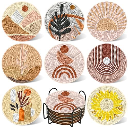 DOTSOPS 8Pack Landscape Diamond Painting Coaster with Holder 5D Diamond Art Kits for Adults Round Full Drill Beginners Gem Dots Craft Arts Supplies Party Home Decor Abstract - Image 1