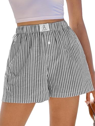 ANRABESS Boxer Shorts for Women Gingham Pajama 2025 Summer Casual Lounge Sleep Plaid Shorts Y2K Beach Bottoms - Black White Stripe - X-Small - Image 1