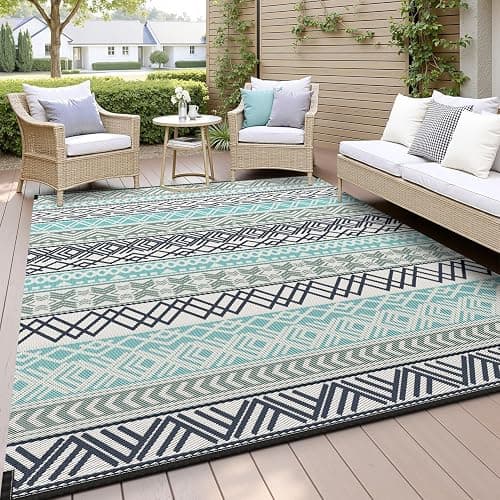 MontVoo Outdoor Rug Carpet Waterproof-Patio Rug Mat 5x8 Reversible RV Outdoor Camping Rugs Picnic Beach Mats Plastic Straw Outside Rugs for Balcony Porch Pool Deck Boho Patio Decor - Image 1
