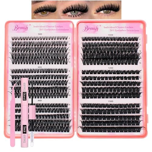 Bransfy Lash Clusters Kit 50D 60D 80D 100D 120D 150D Eyelashes Clusters Kit 8-16mm Individual Lash Extension Kit D Curl Fluffy False Eyelashes with Tweezer Bond and Seal DIY at Home (Kit 50D-150D) - Image 1