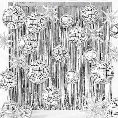 Seenelling 24 Pcs Disco New Year Party Decoration 2026 Sets 22 Inch 4D Disco Ball Balloon and Stars Balloons Metallic Tinsel Foil Fringe Curtains for Bachelorette Birthday Photo Booth Props(Silver) - Image 1