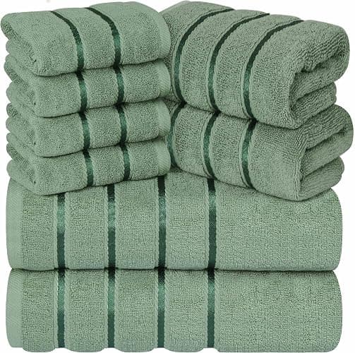 YRALY Luxury Towels for Bathroom Set of 8-2 Bath Towels 2 Hand Towels 4 Washcloths - 600 GSM 100% Cotton Ring Spun Viscose Border Towels Set - Sage Green - Image 1