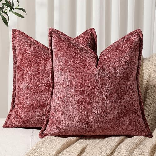 DEZENE Pack of 2 Burgundy Fall Decorative Throw Pillow Covers 18x18 Cozy Soft Chenille Accent Vintage Square Couch Pillow Covers for Home Decor Bed Sofa Living Room - Image 1
