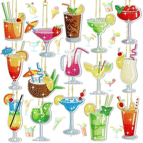 Thinkday 15 Pcs Summer Diamond Painting Keychains Kits Cocktail Tropical Drink 5d Diamond Art Keychain Summer Hanging Ornaments for Adult Beginner DIY Craft Purse Backpack Handbag Family Decor - Image 1