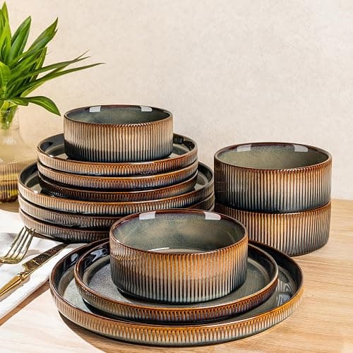 TheTerra Ceramic Dinnerware Sets for 4, 12 Pieces Porcelain Lightweight Speckled Plates and Bowls Sets, Scratch Resistant Dish Set, Oven & Microwave & Dishwasher Safe, Cocoa Brown - Image 1