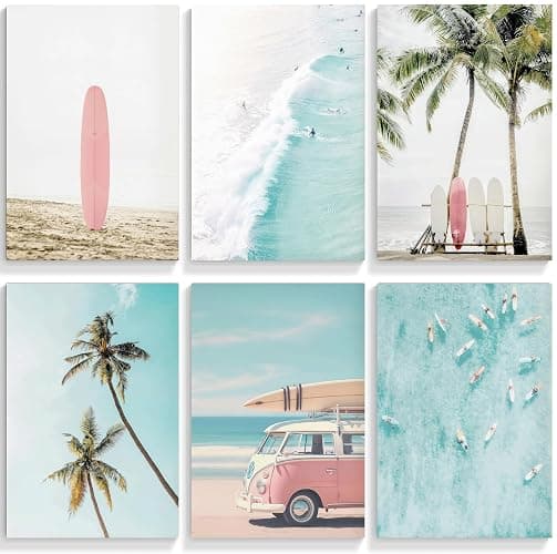 6Pcs Surf Canvas Wall Art Summer Beach Posters Tropical Ocean Coastal Wall Decor Palm Tree Surfboard Seascape Painting Prints Nautical Pictures Gift for Surfers Trendy College Preppy Dorm Unframed - Image 1