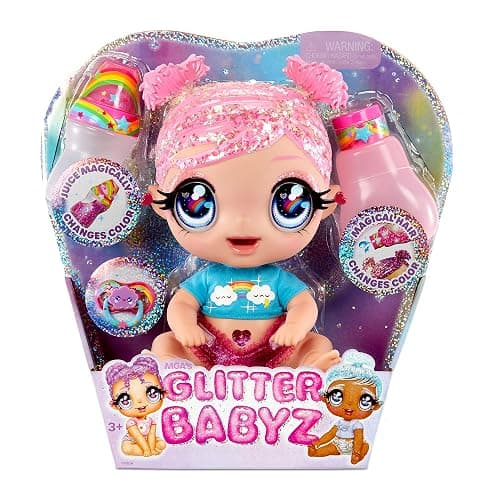 I Love U Glitter Babyz Dreamia Stardust Baby Doll with 3 Magical Colour changes, Pink Hair & a Rainbow Outfit. Includes Reusable Diaper, Bottle, & Pacifier. Collectable Toy For Kids Ages 3 Years Plus - Image 1