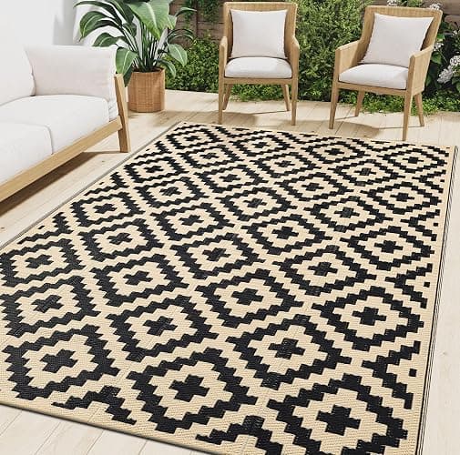 Smiry Waterproof Outdoor Rug 5x8 ft, Reversible Plastic Straw Patio Camping Rugs, Outdoor Indoor RV Mat Carpet for Patio, Outside Entry, Backyard, Deck, Bench, Picnic, Camper, Black & Beige - Image 1
