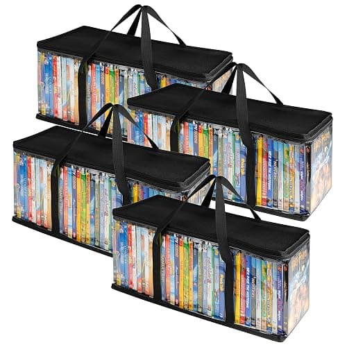 Stock Your Home DVD Storage Bags (Set of 4) Media Organizer Bag for DVDs, CDs, Blu Ray Disc, Movie Cases, VHS Box, Video Game Disks, Clear Plastic Holders with Carrying Handles and Zipper - Black - Image 1
