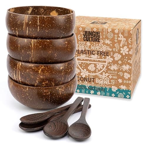 Jungle Culture 4 Polished Coconut Bowl and Wooden Spoons Set with Bamboo Straws • Smoothie Bowls • Healthy Choice Natural Coco Shell Acai & Buddha Bowls • Eco Friendly Vegan Gifts - Classic 4 Bowl Set - Image 1