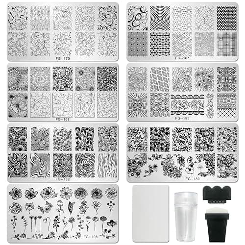 AddFavor Nail Stamper Kit 7pcs Nail Stamping Plates Geometric Mandala Flower Nail Stencils with 2 Stamp and 2 Scraper for Home Salon Manicure Design Supplies Tools - Image 1