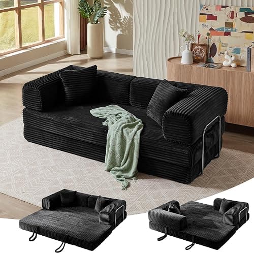 81 Inch Convertible Folding Sofa Bed,Fold Out Floor Sofa Couch with Fixed-Shape Frame,Corduroy Foldable Mattress Cloud Couch for Living Room Bedroom (Black) - Image 1