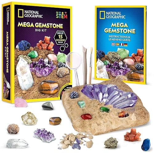 NATIONAL GEOGRAPHIC Mega Gemstone Dig Kit – Dig Up 15 Real Gemstones and Crystals, Science Kit for Kids, Gem Digging Kit, Gift for Girls and Boys, Mining Kit, Rock Collection - Image 1