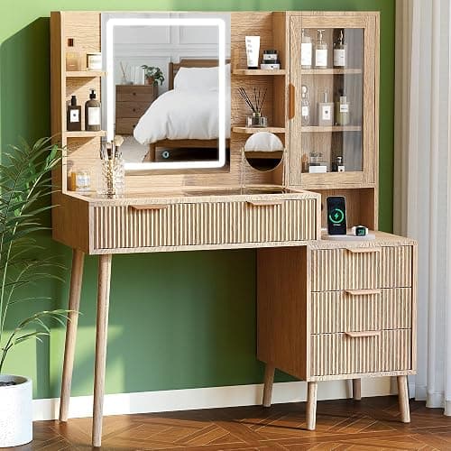 Fkhouse Fluted Makeup Vanity with Mirror and Lights,5 Drawers Glass Top Vanity Desk with Glass Door Cabinet,Power Outlet,6 Shelves,9-Grid Organizer,Lighting Adjustable Dressing Table,Natural Oak - Image 1