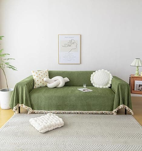 HANDONTIME Green Sofa Cover Vintage Couch Cover for Dogs 71" X118" Couch Cushion Covers with Tassel Herringbone Sofa Cover Boho Sofa Covers for 3 Cushion Couch Chenille Soft Loveseat Sofa Covers - Image 1