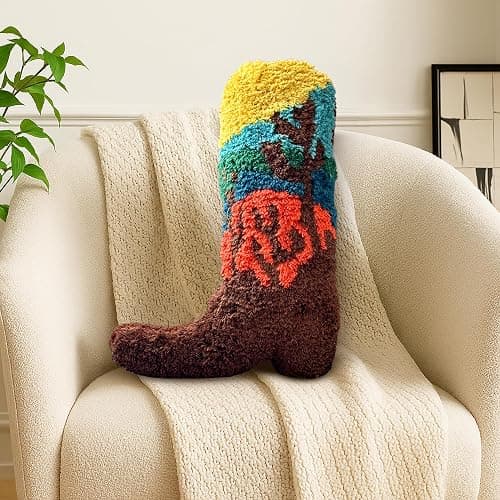 Cowboy Boot Pillow for Western & Farmhouse Decor – 3D Embroidered Velvet Cowboy Throw Pillow with Resilient Fill for Boho & Preppy Room Decor –14x10 Decorative Western Throw Pillows with Cactus Design - Image 1