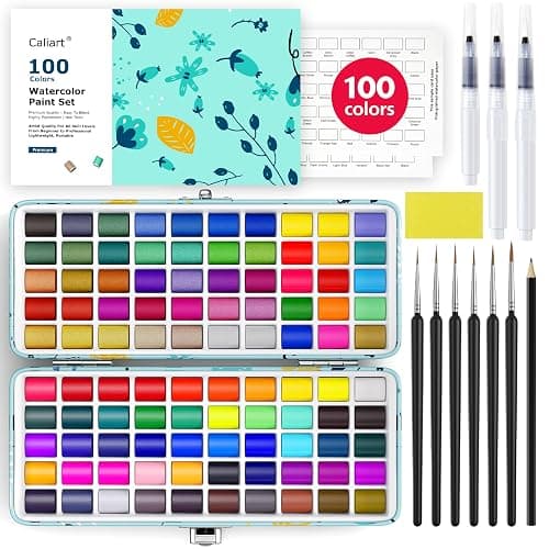 Caliart Watercolor Paint Set, 100 Colors Portable Travel Water Color Palette Kit with Detail Painting Brush, Art Supplies Christmas Gifts for Artists Adults Teen Girls Boys Beginners - Image 1