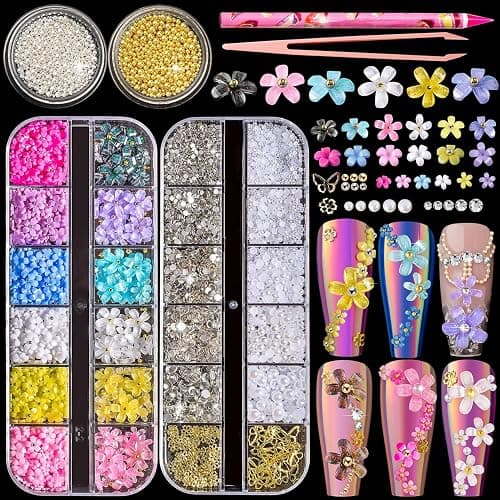 Viojrlly 4 Box Bügelperlen 3D-Nagelkunst-Dekorationen Blumenform Nagel Anhänger, Gold-Silber-Kaviar-Metallperlen Charm Strass-Dekorationszubehör Pastell-Acrylblume für Nagelkunst - Image 1
