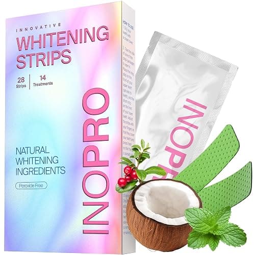 InoPro Teeth Whitening Strips 14 Treatments Kit - Teeth Whitener, Peroxide Free, Green White Strips for Teeth Whitening with Arbutin, Coconut Oil, Deep Stains Removal (28 Strips) - Image 1