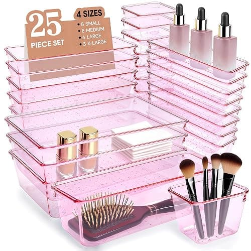 Trotianingyu Kitchen Desk Drawer Organizers Storage for Office, Small Acrylic Vanity Trays Makeup Organizer for Drawer Bathroom Plastic Make up Organizers 25 Pcs Pink - Image 1