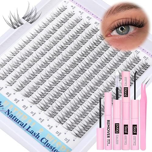 Natural Lash Clusters Kit DIY Lash Extension Kit Wispy Eyelash Extension Kit C Curl Individual Lashes Kit 9-12MM Short Eyelash Clusters with Lash Remover by Newcally - B-Natural - Image 1