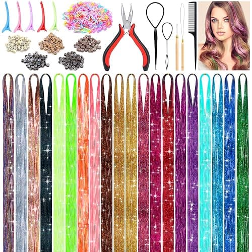 6000 Strands Hair Tinsel Kit in 20 Colors, Glitter Tinsel Hair Extensions Kit Heat-resistant, Fairy Hair Tinsel Tool for Shiny Hair Extension, Women Girls Hair Accessories at Party - Image 1