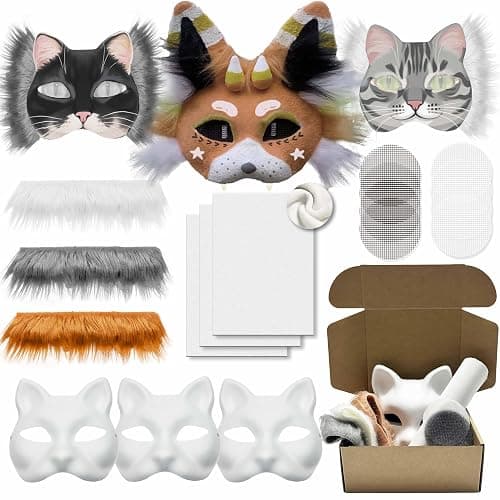 DIY Cat Mask Kit with Fur & Eye Mesh and Felt Sheet,DIY Cat Mask All-in-One to Paint, Blank White Mask for Cosplay Christmas - Image 1