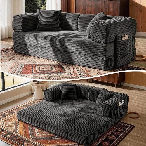 AUGOP Futon Sofa Bed Boneless Couch for Living Room,Pull Out Couch with Sleeper Sofa,Day Bed Couch with Storage Pocket,Removable Corduroy with 2 Pillow (Dark Gray, 81 Inches) - Image 1