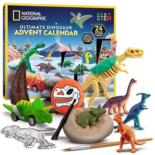 NATIONAL GEOGRAPHIC 2026 Dinosaur Advent Calendar - Countdown Calendar with 24 Dino Activities & Figures, Paint A Dinosaur Racer, Create a Clay T. Rex, Excavate a Dino Tooth Replica & More - Image 1