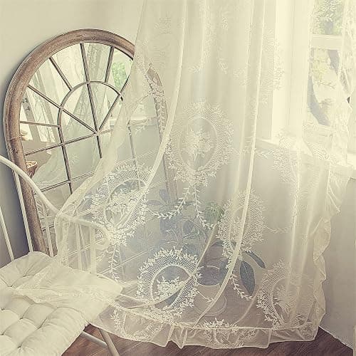 Deeprove Ivory Lace Curtains 84 Inches Long 2 Panels Set, French Cream Sheer Florals Scallop Ruffle Edge, Shabby Chic Vintage Window Treatment Pair Decor Drapes for Bedroom, Living Room, W57 x L84 - Image 1