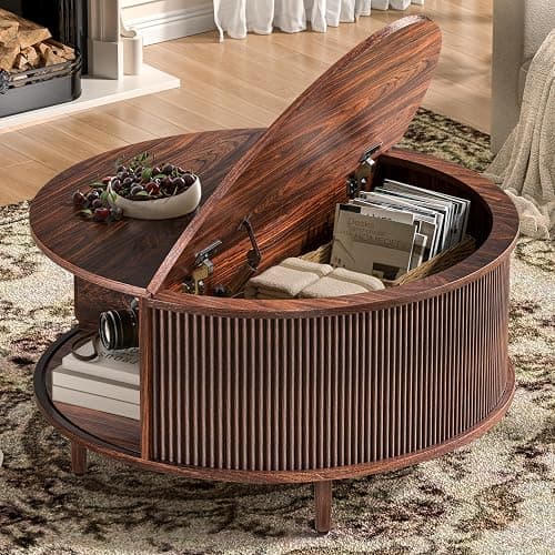 Round Coffee Table, 31.5" Fluted Center Table with Storage, Lift-Top Coffee Table with Adjustable Footpads, Sliding Door, Mid-Century Modern Center Table for Living Room, Small Space (Walnut) - Image 1