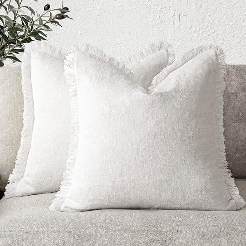 Foindtower Set of 2 Decorative Linen Fringe Throw Pillow Covers Cozy Boho Farmhouse Cushion Cover with Tassels Soft Accent Pillowcase for Couch Sofa Bed Living Room Home Decor,16×16 Inch,White - Image 1
