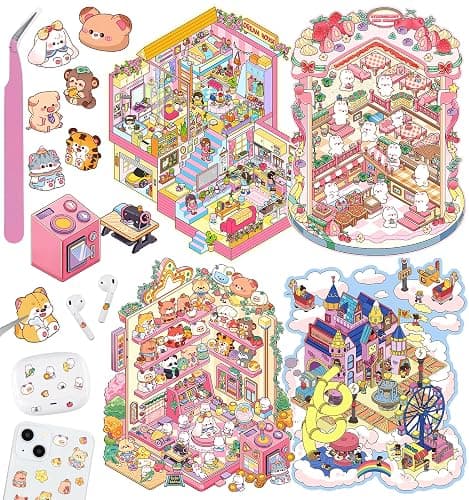 DIY 3D House Stickers, 4 Sets Fun DIY Stickers Scene Make Your Own Mini House Cute Cartoon Animal Scene Stickers for Kids Adult Sticker Art Relief Stress Pass The Time- Large Size - Image 1