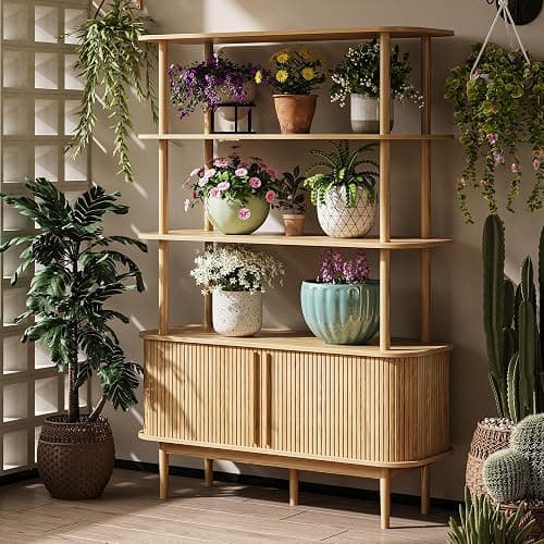 MAISONARIA Modern Bookshelf with Sliding Door, 4-Tier Open Display Storage Shelf with Wooden Legs, 63" Mid Century Bookshelf Cabinet for Living Room, Bedroom, Home Office, Natural - Image 1