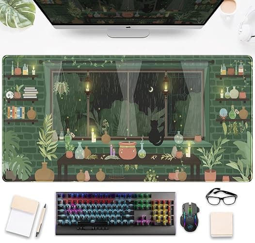 Cute Rainy Night Desk Mat Green Plants Desk Pad, Anime Black Cat Kawaii Large Gaming Mouse Pad, Moonlight Fireflies Deskmat Aesthetic Mousepad XXL, Laptop Keyboard Pad for Women Desk 31.5"x15.75" - Image 1