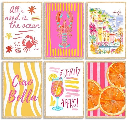 6Pcs Summer Coastal Poster Wall Art,Pink Orange Coastal Painting Picture Wall Decor,Amalfi Beach Canvas Print Artwork for Bathroom,Bedroom,Living Room,Beach House Home Decor,8x10 Inch Unframed - Image 1