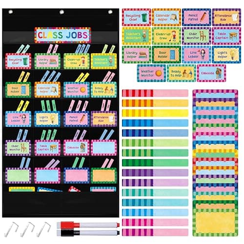 Class Jobs Pocket Chart, 1 Pocket Chart+83 Erasable Cards+3 Metal Hooks+2 Markers, Teacher’s Helper for Bulletin Board Classroom School Home (19.7” x 37”, Black) - 19.7” x 37” - Image 1