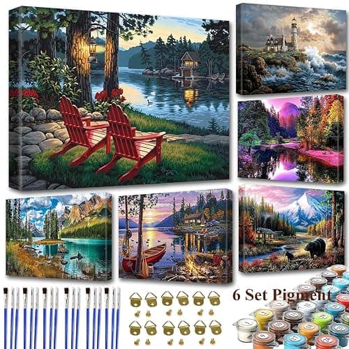 6 Pack Paint by Number for Adult Kits, JATOK 6 Sets Independent of Pigments DIY Landscape Oil Painting by Number Kits on Canvas for Adults Beginners for Home Wall Decoration 12 x 16in/30x40cm,Independent packaging Without Frames - Image 1