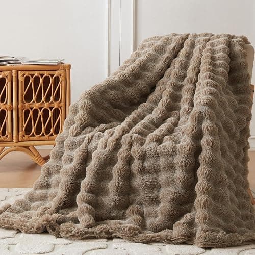 COOVA Faux Fur Throw Blanket for Couch, Cozy Soft and Fuzzy Plush Rabbit Fur Bubble Blanket for Sofa Bedroom Living Room, 50x60 Inches Cationic Brown - Image 1