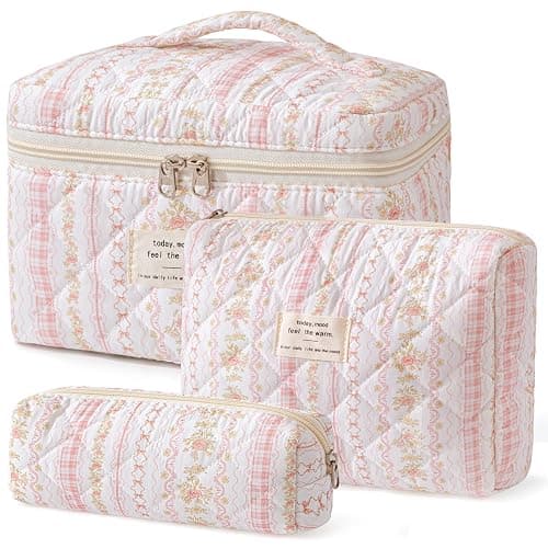 HBselect Quilted Makeup Bag, 3PCS Cotton Large Travel Makeup Bag, Cute Floral Coquette Make up Bag Cosmetic Bag Toiletry Bag for Women Girls - Image 1