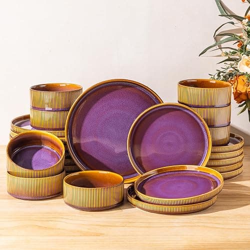 TheTerra Ceramic Dinnerware Sets for 8, 24 Pieces Porcelain Lightweight Plates and Bowls Sets, Scratch Resistant Dish Set, Oven & Microwave & Dishwasher Safe, Amber Amethyst - Image 1