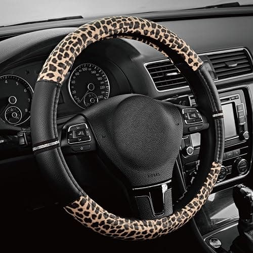 Road Comforts Leopard Steering Wheel Cover - Made with PVC Leather Cheetah Print - Anti-Slip, Universal Fit 14 1/2 inches to 15 inches - Black - Image 1