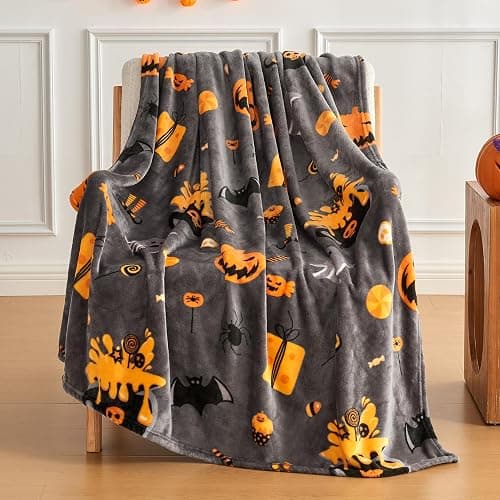 Edenleaf Halloween Blanket with Spooky Pumpkin Bat Ghost Spider Print, Soft Cozy Halloween Throw Blanket for Couch Bed Gifts Home Decoration, Fuzzy Warm Fleece Throws 50"x60" (Grey) - Image 1